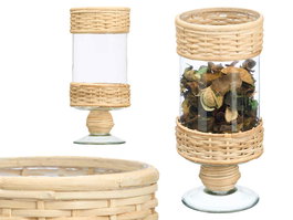Giftdecor Portavela Copa Cilindrica Alta Vidrio y Rattan Transparente Natural 11x22x11 cm (Set de 6)