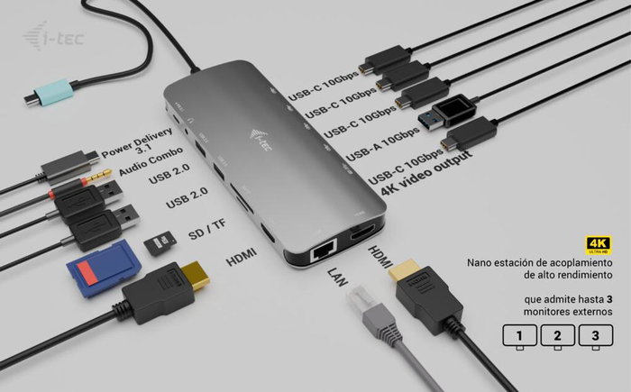 i-tec USB-C Metal Nano 3x Display Docking Station 2x HDMI 1x USB-C Video LAN Audio Czytnik Kart Power Delivery 140W
