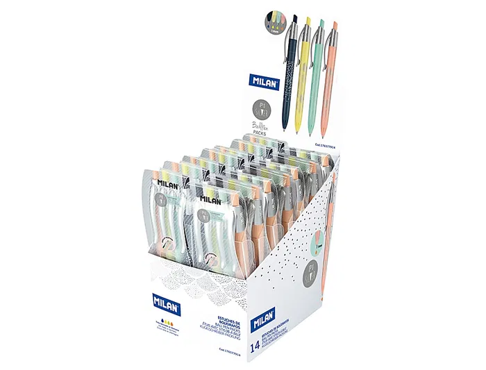 Milan Bolígrafo P1 Silver Retractil 1 mm Expositor 14 Unidades y Estuche 4 Unidades Colores Surtidos