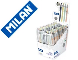 Milan Bolígrafo P1 Silver Retractil 1 mm Expositor 14 Unidades y Estuche 4 Unidades Colores Surtidos