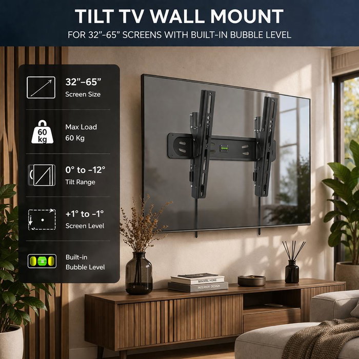 Ewent EW1610 - Soporte de Pared Inclinable Ultradelgado para TV 32"-65", VESA múltiple, hasta 60kg, Negro