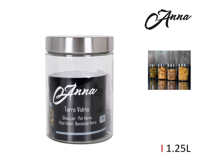 Anna Tarro de Vidrio con Tapa de Acero Inoxidable, 1.25 Litros, 11 x 11 x 17 cm (12 Unidades) Anna Tarro de Vidrio con Tapa de Acero Inoxidable, 1.25 Litros, 11 x 11 x 17 cm (12 Unidades)