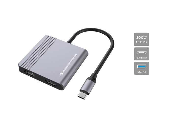 Conceptronic DONN13G 4-in-1 Docking Station USB-C con 2x HDMI, USB-C PD y USB-A 3.0, Gris