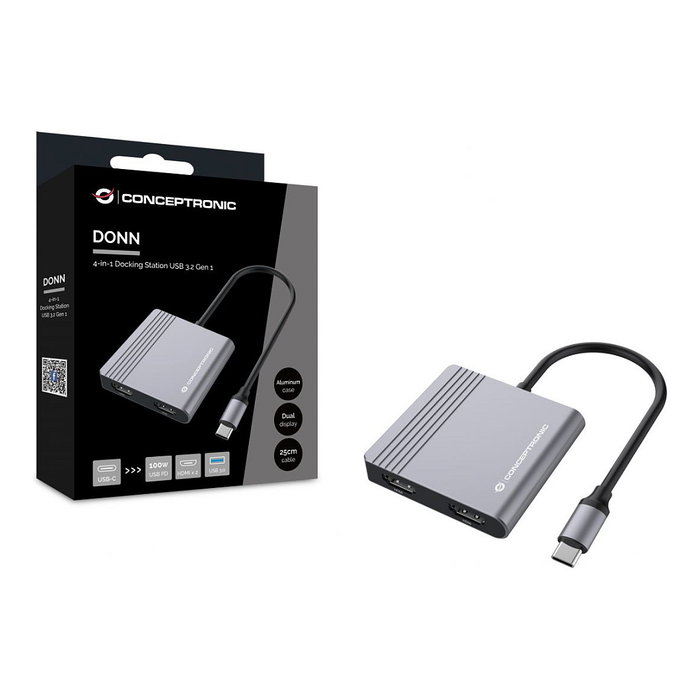 Conceptronic DONN13G 4-in-1 Docking Station USB-C con 2x HDMI, USB-C PD y USB-A 3.0, Gris