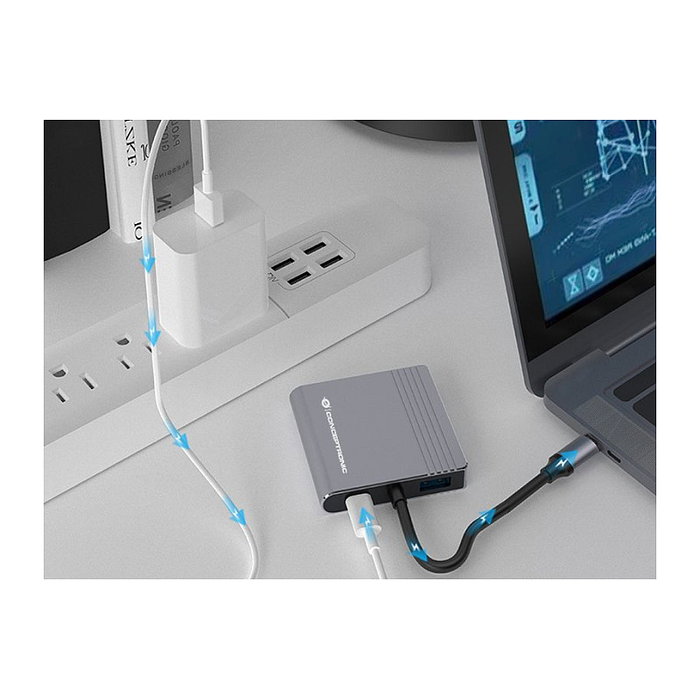 Conceptronic DONN13G 4-in-1 Docking Station USB-C con 2x HDMI, USB-C PD y USB-A 3.0, Gris