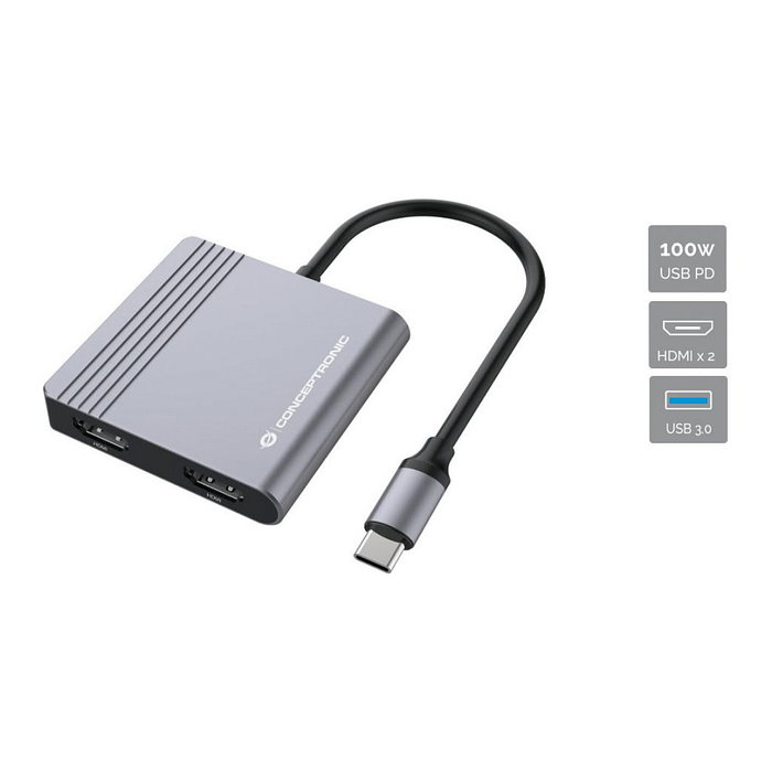 Conceptronic DONN13G 4-in-1 Docking Station USB-C con 2x HDMI, USB-C PD y USB-A 3.0, Gris