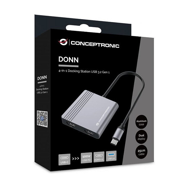 Conceptronic DONN13G 4-in-1 Docking Station USB-C con 2x HDMI, USB-C PD y USB-A 3.0, Gris