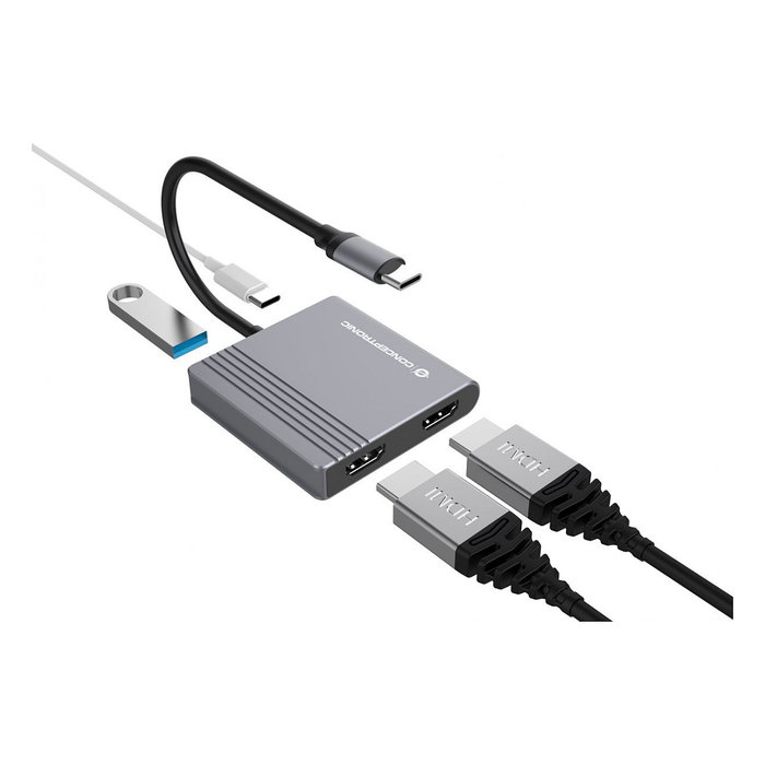 Conceptronic DONN13G 4-in-1 Docking Station USB-C con 2x HDMI, USB-C PD y USB-A 3.0, Gris