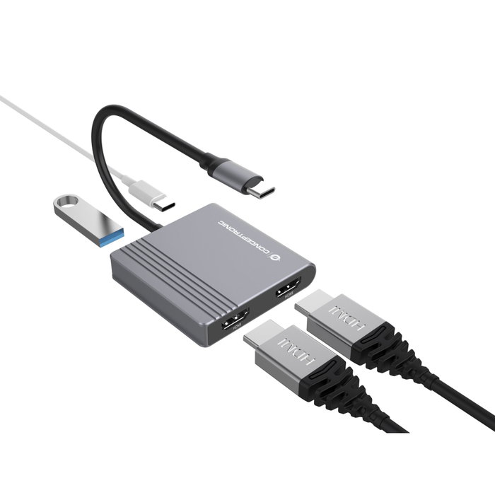 Conceptronic DONN13G Adaptador USB-C 4 en 1 con 2x HDMI, USB 3.0 y 100W PD Gris