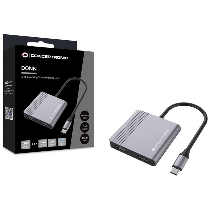 Conceptronic DONN13G Adaptador USB-C 4 en 1 con 2x HDMI, USB 3.0 y 100W PD Gris