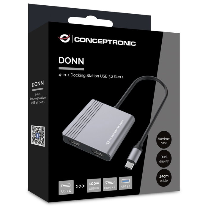Conceptronic DONN13G Adaptador USB-C 4 en 1 con 2x HDMI, USB 3.0 y 100W PD Gris