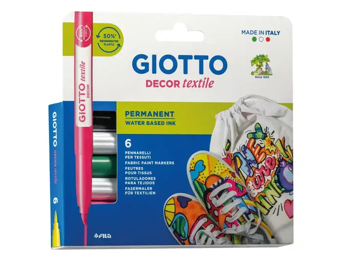 Giotto Rotulador Decor Textile para Camisetas Caja 6 Unidades Colores Surtidos Punta Pincel Permanente Lavable hasta 40