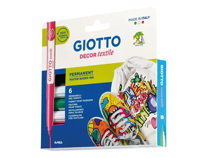 Giotto Rotulador Decor Textile para Camisetas Caja 6 Unidades Colores Surtidos Punta Pincel Permanente Lavable hasta 40
