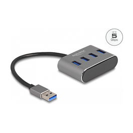 DeLOCK Hub USB 4 Puertos USB 3.2 Gen 1 Tipo-A, 5 Gbps, Negro, Metal, Cable 0.2m, Plug and Play, Compatible con Windows, macOS, ChromeOS