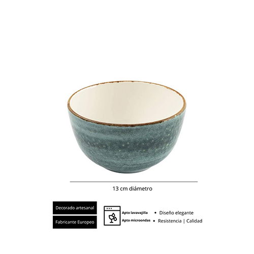 SUMMA MOON TURQUOISE Bol para ensalada o postre, 13 cm de diametro x 7.5 cm alto, capacidad 45 cl, vitro porcelana, apto lavavajillas y microondas (Set de 6)