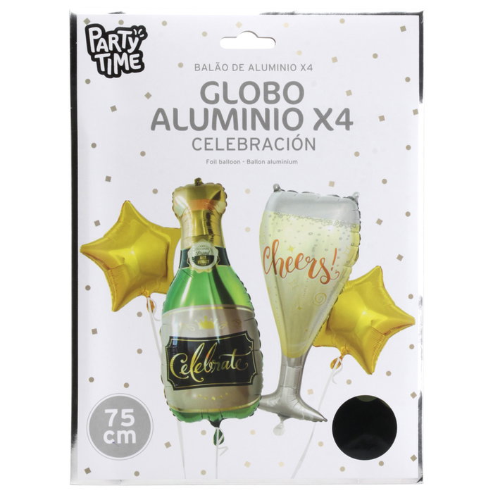 Party Time Juego De 4 Globos Tema Champagne Feliz Cumpleaños