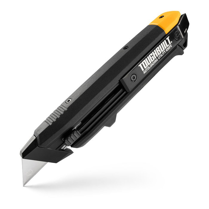 Toughbuilt Cúter Autocarga Multifunción con Almacenamiento para 20 Cuchillas, 5 Hojas Incluidas, Mango Ergonómico Triple Inyección y Corte de Cuerda