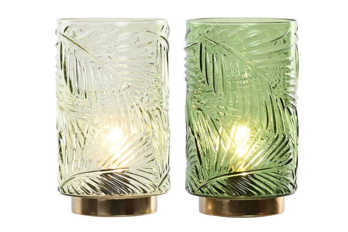 DKD Home Decor Decoración Luminosa Tropical Verde Claro Verde Oscuro Hojas Cristal Metal Led 12 x 20 x 12 cm (2 Unidades)