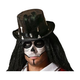Atosa Sombrero Negro de Vudú con Huesos, Plumas y Calavera