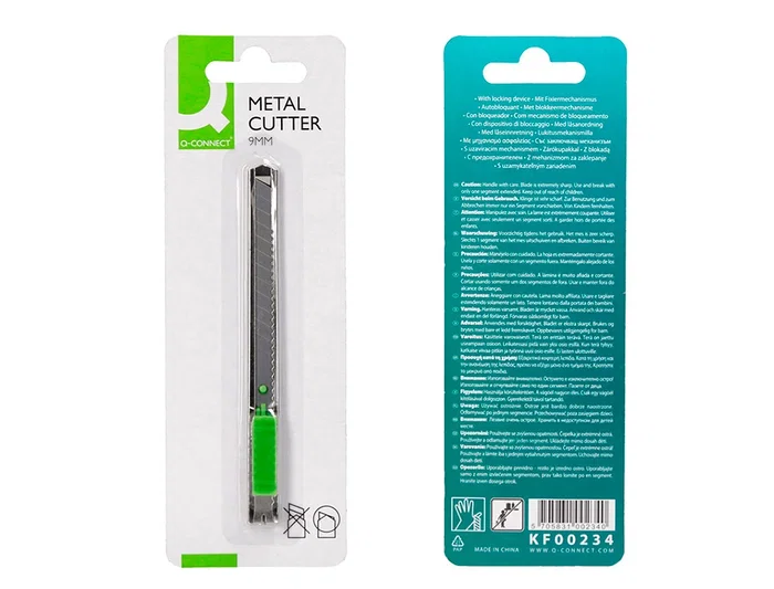 Q-connect Cúter Metálico Estrecho Cuchilla 9 mm con Clip Blíster 1 unidad