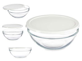 Pasabahce Fiambrera Redonda Chefs Con Tapa Blanca 1700Ml Vidrio y Plástico 21 cm x 9 cm x 21 cm (Set de 4)