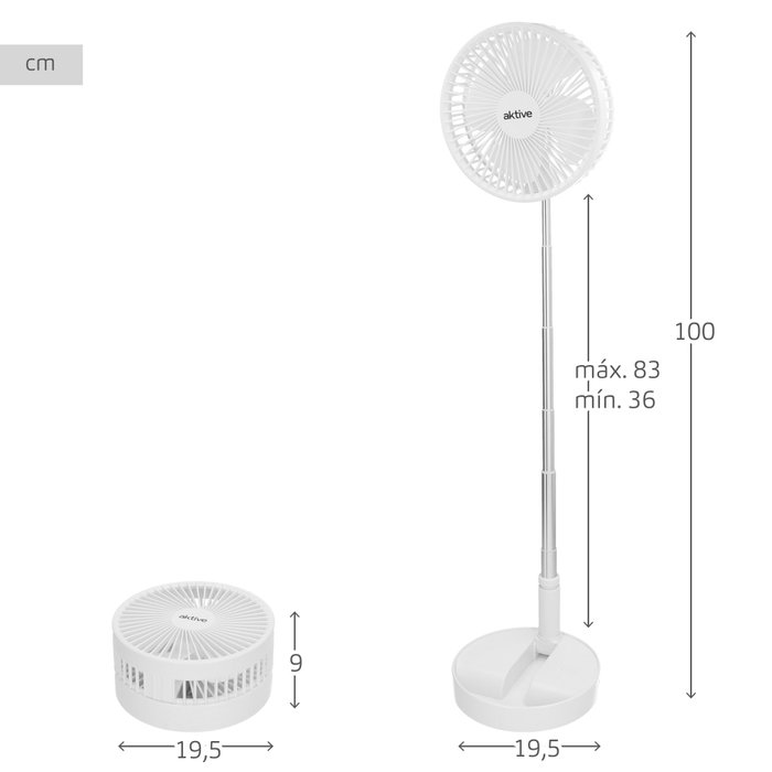 Aktive Ventilador inalámbrico de pie plegable con 4 velocidades y USB