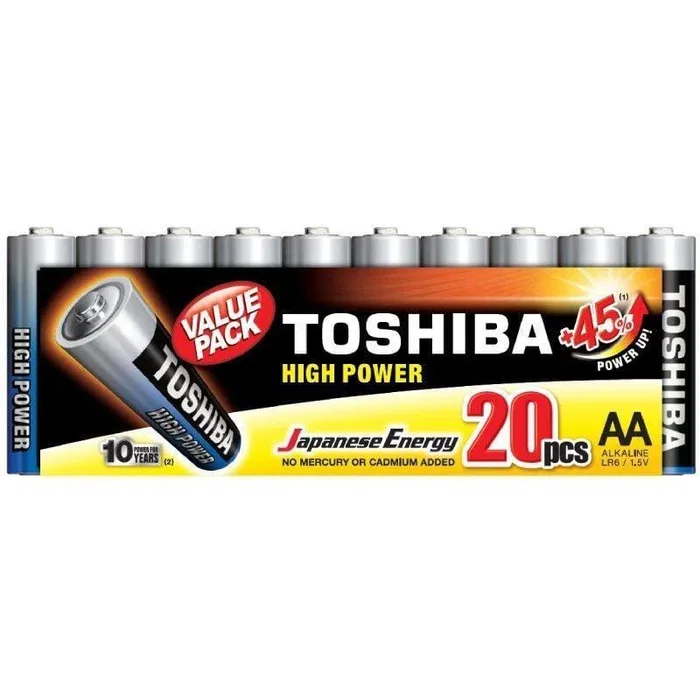 Toshiba Pack de 20 Pilas AA LR6 1.5V Alcalinas High Power para Mandos, Juguetes, Linternas y Dispositivos de Alto Consumo