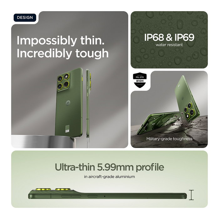 Motorola Edge 70 Smartphone 6.7" AMOLED 120Hz, Snapdragon 7 Gen 4, 12GB RAM + 512GB, Cámara 50MP, 4800mAh, 5G, Android 16, Color Verde PANTONE Bronze Green