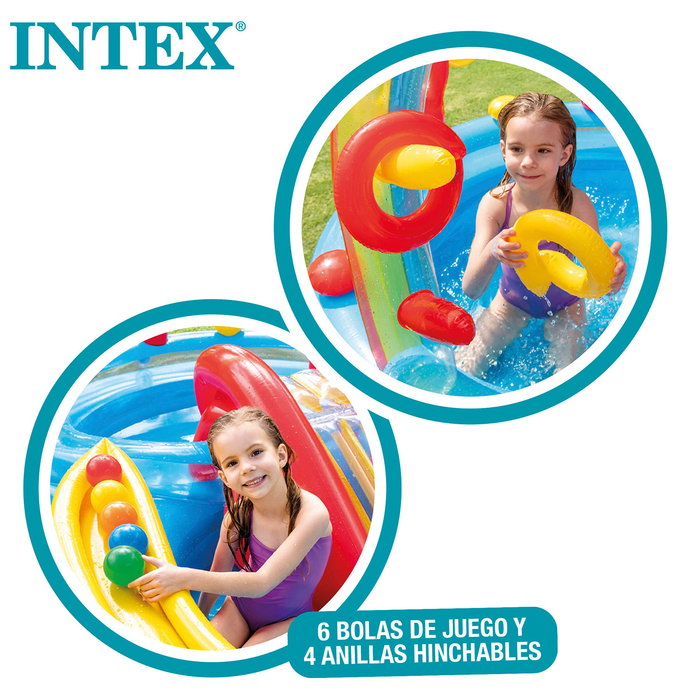 Intex Centro Acuático Centro Acuático Arcoícola Arcoíris Hinchable 57453 – 297x193x135 cm, Incluye Tobogán y Bolas, +3 Años