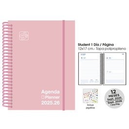 Agenda Escolar (2025-26) Senfort Catalan Student Unicolor Espiral Tapa Pp Con Goma 120X170 D/P Pastel Rosa