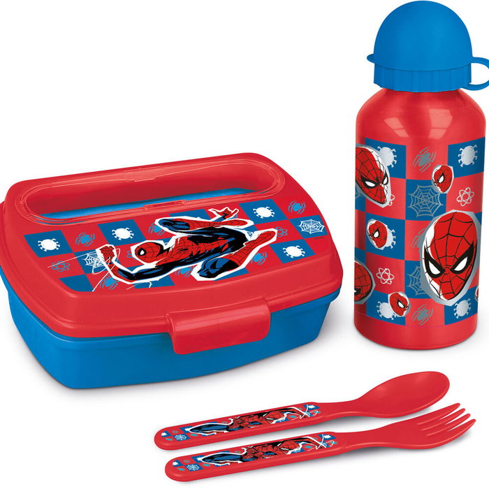 STOR Set Spiderman Marvel: Sandwichera con Botella de Aluminio y Cubiertos STOR Set Spiderman Marvel: Sandwichera con Botella de Aluminio y Cubiertos