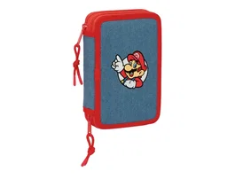 Safta Plumier Escolar Super Mario con Doble Cremallera, 29 Piezas, Dimensiones 195x125x40 mm