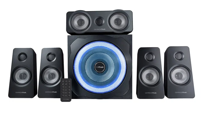 Trust GXT 658 Tytan Conjunto de Altavoces 5.1 180W (90W RMS) con Subwoofer de Madera, Compatible con PC, PS3, Xbox 360, Wii, Mando a Distancia, Negro