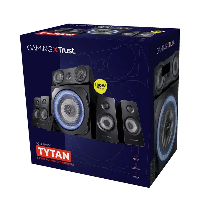 Trust GXT 658 Tytan Conjunto de Altavoces 5.1 180W (90W RMS) con Subwoofer de Madera, Compatible con PC, PS3, Xbox 360, Wii, Mando a Distancia, Negro