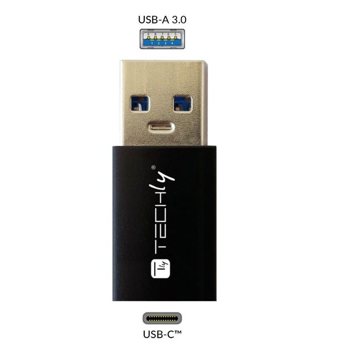 Techly Adaptador Convertidor USB 3.0 USB A Macho a USB-C Hembra para Datos y Carga, Negro