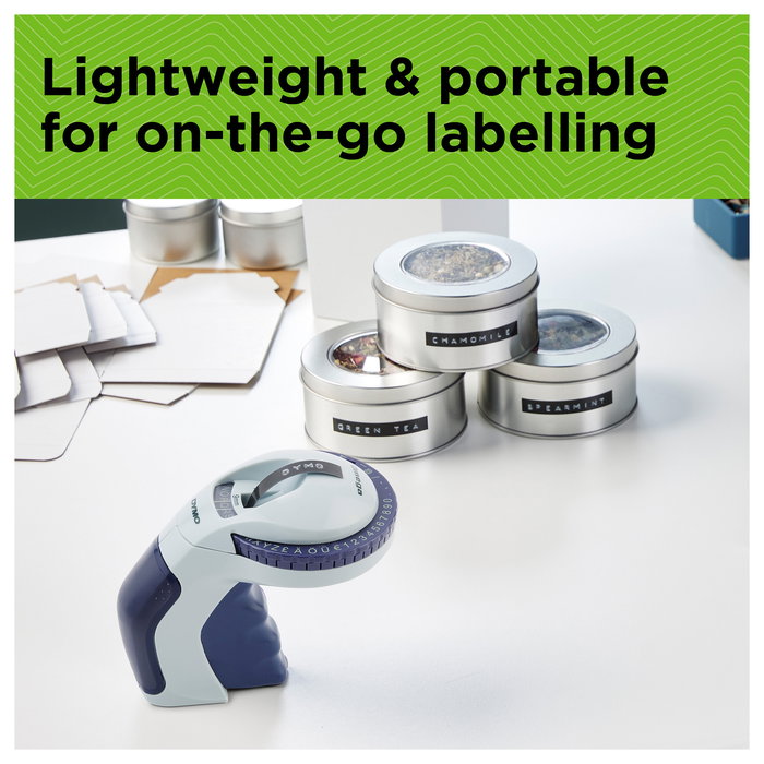 DYMO Omega - Prensa de Etiquetas Térmica de Impresión Directa Azul, para Uso Doméstico, Imprime en Etiquetas PVC hasta 9 mm