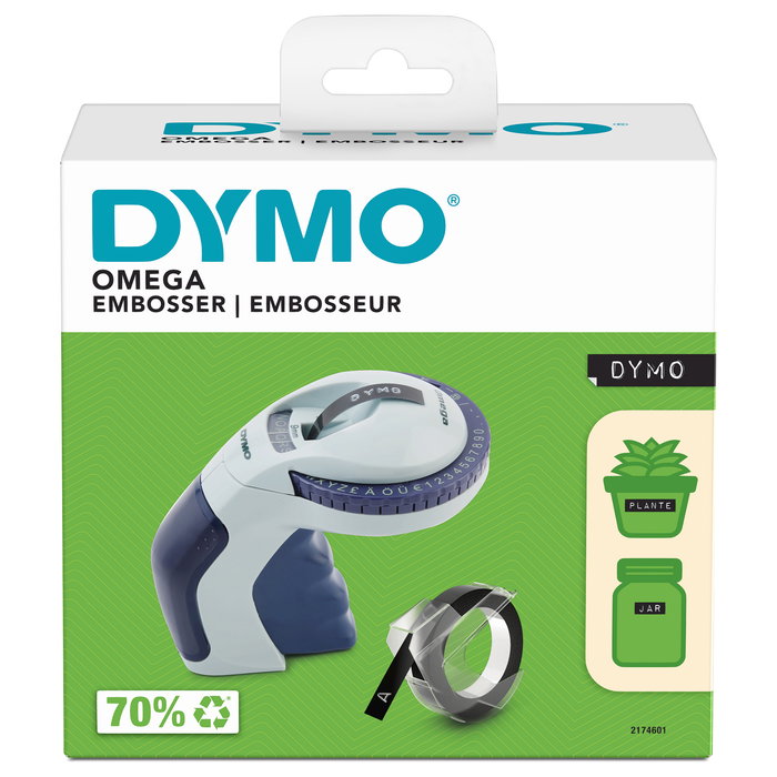 DYMO Omega - Prensa de Etiquetas Térmica de Impresión Directa Azul, para Uso Doméstico, Imprime en Etiquetas PVC hasta 9 mm