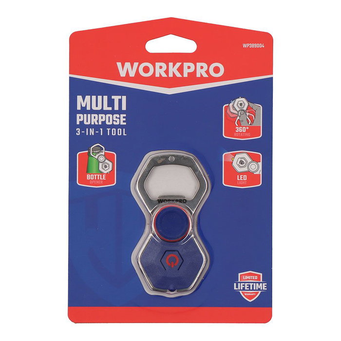 Workpro Llavero 3 en 1 Multiusos con Spinner, Abrebotellas y Luz LED