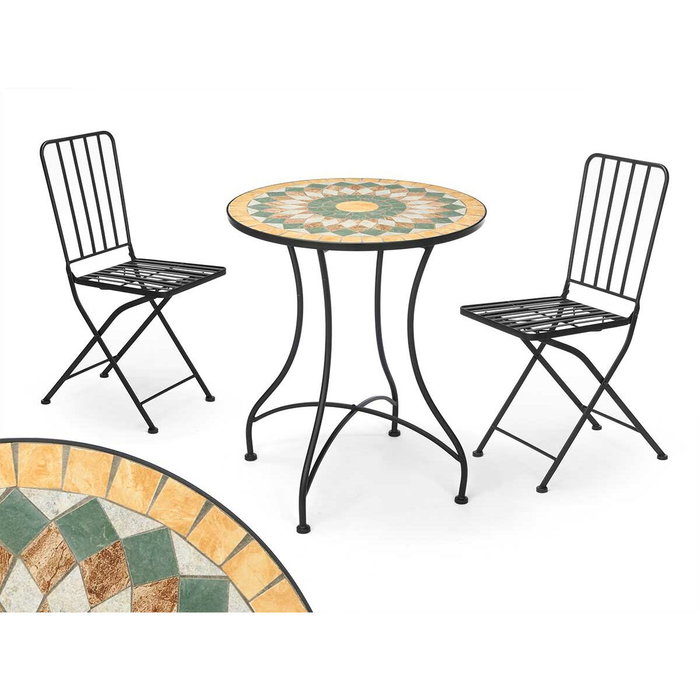 Ibergarden Set de Mesa Mosaico Ocre y 2 Sillas de Forja Negra