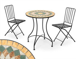 Ibergarden Set Mesa Mosaico Ocre con 2 Sillas Forja Negra Metal Cerámica 100x30x65cm