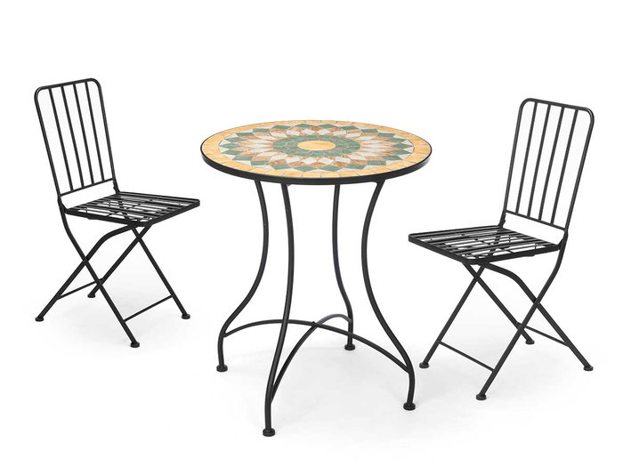 Ibergarden Set Mesa Mosaico Ocre con 2 Sillas Forja Negra Metal Cerámica 100x30x65cm