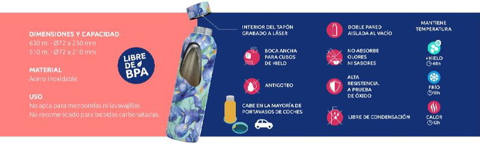 QUOKKA Botella Termo Acero Inoxidable 630ml con Colgador, Color Dusk Blue