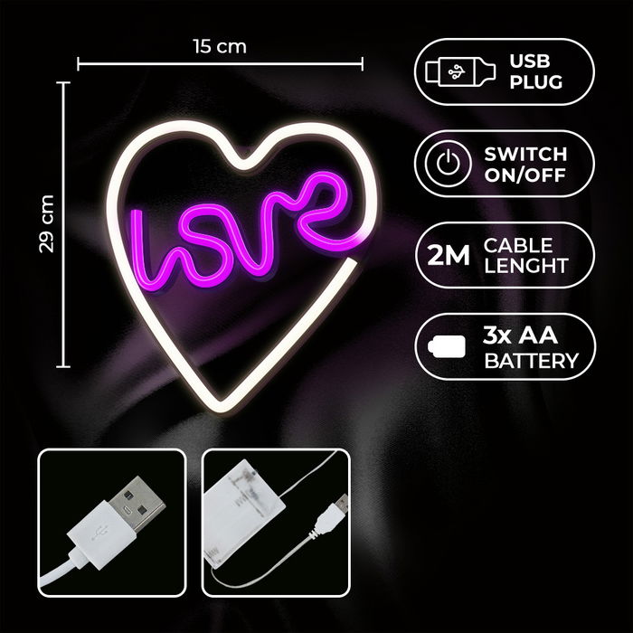 Neolia Lámpara Forever Neon LED Love Heart, Corazón Iluminación Decoración Rosa LED USB, Luz de Pared Decorativa Neón