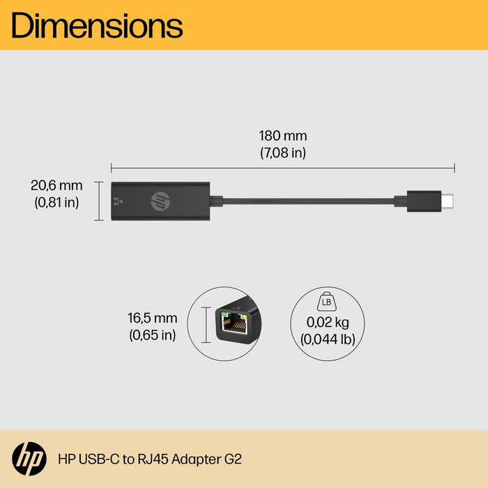 HP Adaptador USB-C a RJ45 G2 Ethernet para Conexión de Red Rápida y Fiable