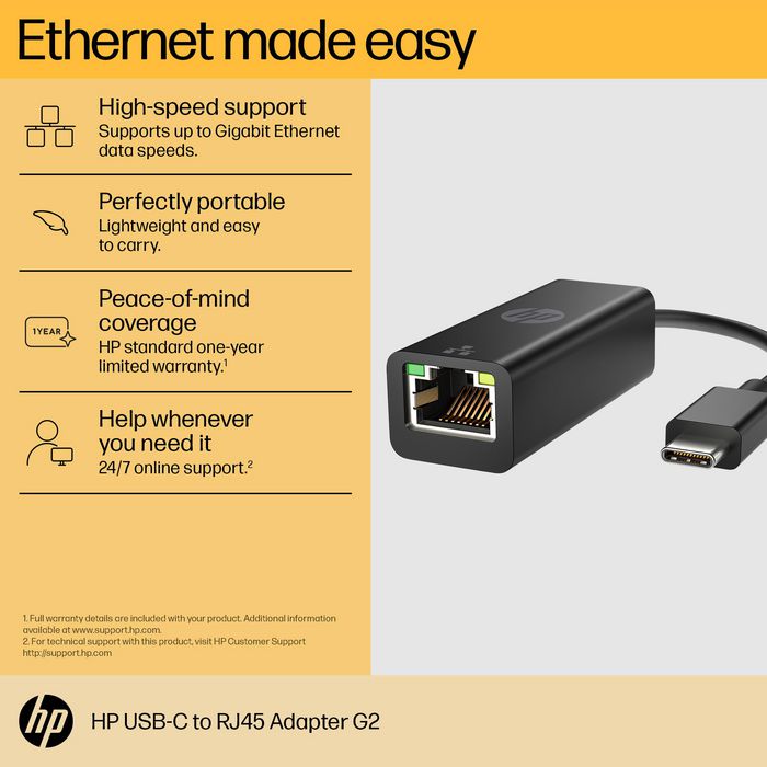 HP Adaptador USB-C a RJ45 G2 Ethernet para Conexión de Red Rápida y Fiable