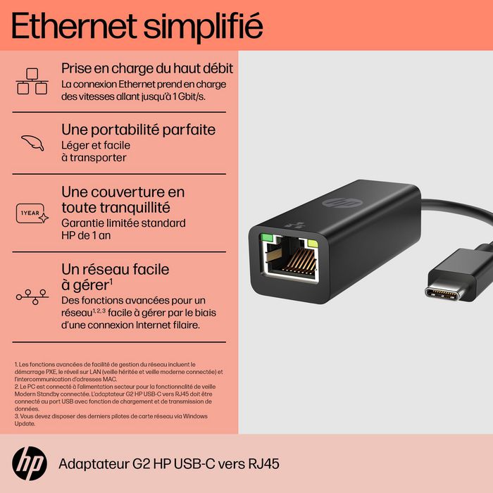 HP Adaptador USB-C a RJ45 G2 para Ethernet Cableado Rápido y Confiable