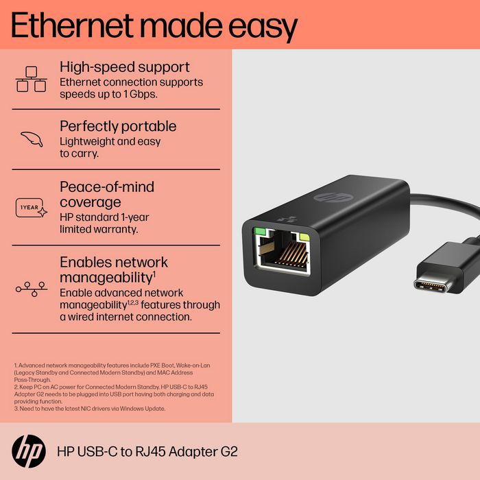 HP Adaptador USB-C a RJ45 G2 para Ethernet Cableado Rápido y Confiable