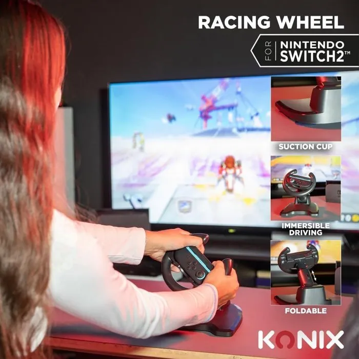 Konix Volante Racing Konix3328170306201 con Mando Joy-Con 2 para Nintendo Switch - Compatible con Mario Kart World y Soporte con Ventosa