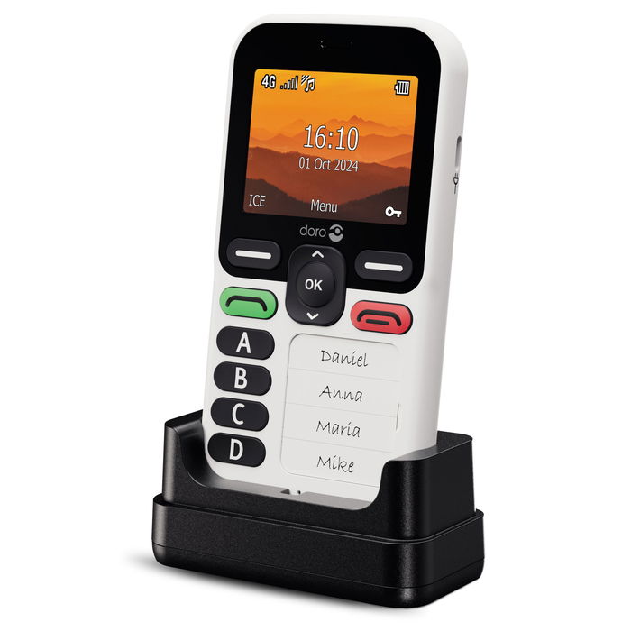 Doro Leva X10 - Teléfono móvil para mayores fácil de usar, pantalla 2.4", 4G LTE, botón de emergencia, resistencia IP54, color blanco/negro