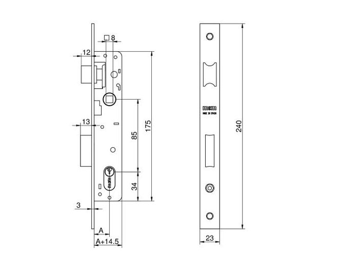 MCM Cerradura de embutir metálica inoxidable con cilindro oval 26x15 mm